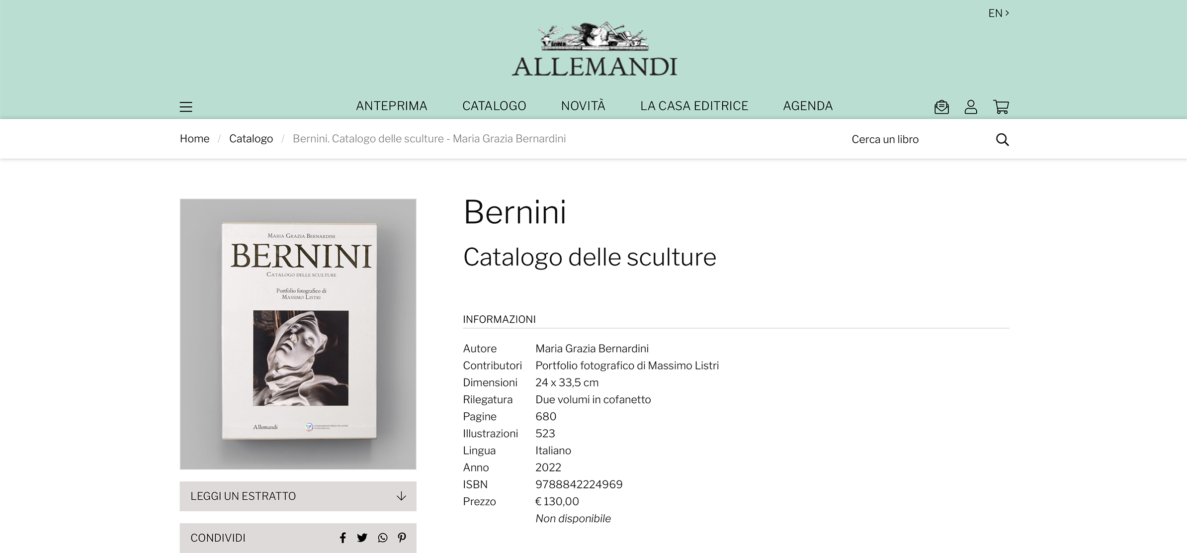 pagina sito Allemandi Editore relativa al libro di Maria Grazia Bernardini: Bernini. Catalogo delle sculture